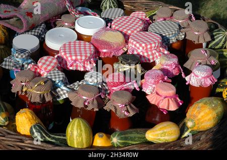 Plats traditionnels faits maison et salade (divers confitures, ajvar, légumes transformés) en pots de verre, préparés pour l'hiver, dans un panier en osier Banque D'Images