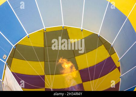 Vue rapprochée du bas du système de brûleur d'un ballon d'air chaud jaune coloré Banque D'Images