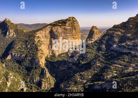 Vue aérienne des falaises de Salto de Roldan vue de Mirador de Roldan, Nueno, Huesca, Espagne Banque D'Images