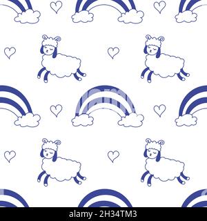 Sheeps, arc-en-ciel, dessin à la main sans couture. Illustration vectorielle isolée avec les animaux, le ciel.Papier peint mignon décoratif, idéal pour l'impression Illustration de Vecteur