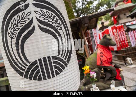 Une lanterne traditionnelle en papier et une statue de la déesse Inari Kitsune ou renard, au temple Toyokawa Inari Betsuin à Asakusa, Tokyo, Japon.Le temple bouddhiste fait partie de la secte Zen Soto et consacre la divinité Toyokawa Dakinishinten, mais aussi connue pour les milliers de statues de renards. Banque D'Images