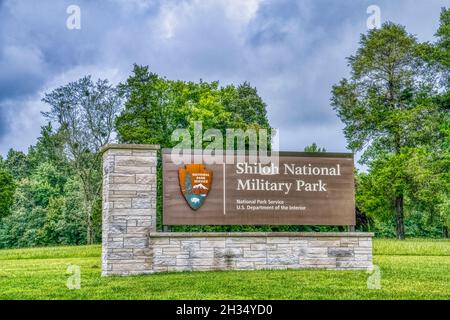 Le panneau d'entrée du parc militaire national Shiloh, dans le Tennessee. Banque D'Images