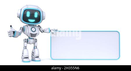 Joli robot bleu tenant un tableau rectangulaire vierge illustration de rendu 3D isolée sur fond blanc Banque D'Images