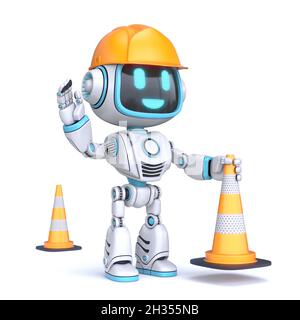 Joli robot bleu tenir le cône de trafic 3D rendu illustration isolée sur fond blanc Banque D'Images