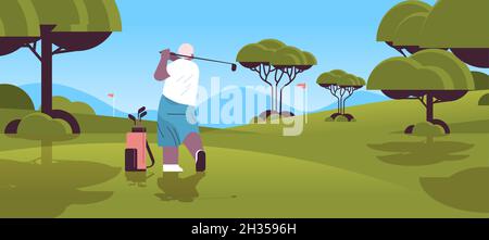 femme senior jouant au golf sur un parcours de golf vert joueur afro-américain âgé prenant un tir actif vieux concept d'âge Illustration de Vecteur