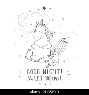 Illustration vectorielle d'une jolie licorne à la main avec un lapin jouet, une lune, un nuage et du texte – BONNE NUIT !DE BEAUX RÊVES !sur l'arrière-plan withe.Pour prin Illustration de Vecteur