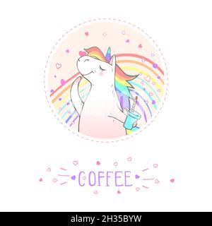 Autocollant ou icône vectoriel avec texte unicorn dessiné à la main - CAFÉ sur fond de blanc.Pour votre conception.Style de dessin animé.Couleur. Illustration de Vecteur