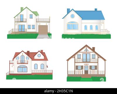 Ensemble vectoriel de maisons colorées privées avec herbe. Conception plate. Illustration de Vecteur