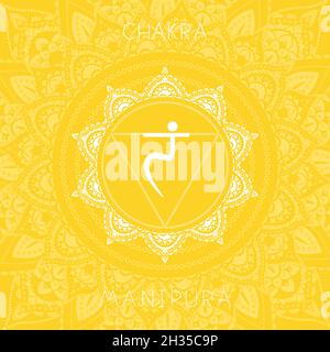 Illustration vectorielle avec symbole chakra Manipura sur fond ornemental. Motif de mandala rond et lettres dessinées à la main. Couleur. Illustration de Vecteur