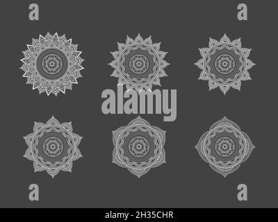 Ensemble vectoriel de Mandalas sur fond noir.Collection de motifs ethniques orientaux.Image monochrome.Pour vous le design, les textiles, les affiches, le tatouage ou la magie Illustration de Vecteur