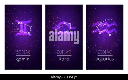 Jeu de trois cartes avec des signes du zodiaque, constellations astrologiques et lettrage à la main sur le ciel étoilé.Collection des Air Eleemen Illustration de Vecteur