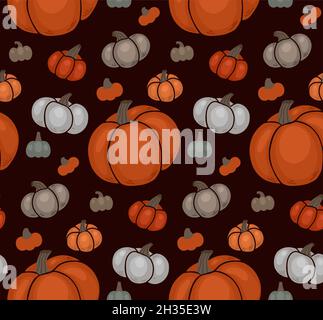 Motif automnal sans couture avec différentes citrouilles grises et orange sur fond sombre.Texture simple vectorielle avec légumes plats dessinés à la main.Fond d'écran avec Illustration de Vecteur