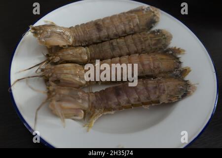 écrevisses ou crevettes mantis cuites à la vapeur ou stomatopodes sur une assiette blanche Banque D'Images