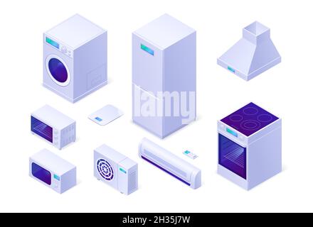 Cuisine isométrique appareils électroménagers maison technique four, hotte, micro-ondes et lave-linge avec pèse-sol et conditionneur avec réfrigérateur.Technique domestique, équipement, ensemble de vecteurs 3d isolés Illustration de Vecteur