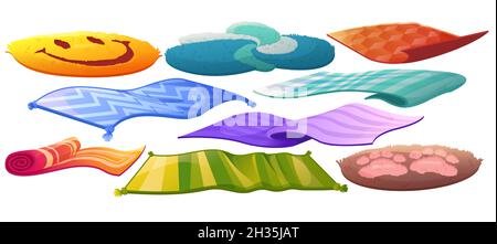 Ensemble de tapis ou de tapis de différentes formes, motifs et couleurs.Revêtement de sol, décoration intérieure, tapis avec glands, visage souriant, pattes de chat décoration intérieure intime isolée, dessin vectoriel de dessin animé Illustration de Vecteur