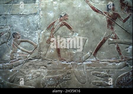 Relief coloré de la pêche à l'intérieur de la tombe de la princesse Idut, ancien Royaume, 6e dynastie, Saqqara, sud du Caire,Égypte Banque D'Images