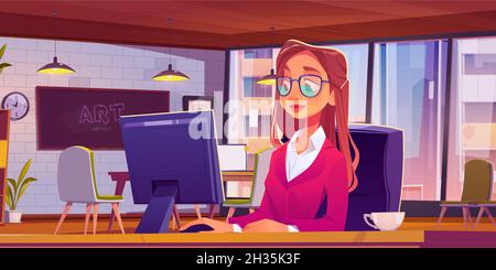 Femme travaillant dans un bureau en mezzanine ou un bureau avec un collègue, assis sur un bureau avec un ordinateur et une tasse de café.Une fille développe un projet d'art sur le lieu de travail avec une grande fenêtre du sol au plafond.Illustration vectorielle de dessin animé Illustration de Vecteur