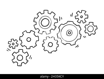 Jeu d'engrenages entraînés manuellement.Mécanisme d'engrenage de style esquisse Doodle.Concept d'idée d'entreprise, travail d'équipe, parcours.Illustration du vecteur de cog Doodle. Illustration de Vecteur