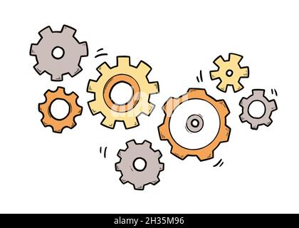 Jeu d'engrenages entraînés manuellement.Mécanisme d'engrenage de couleur de style d'esquisse Doodle.Concept d'idée d'entreprise, travail d'équipe, parcours.Illustration du vecteur de cog Doodle. Illustration de Vecteur