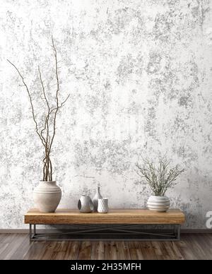 Intérieur moderne de la salle de séjour avec table latérale en bois avec vase avec branche sur mur en béton rendu 3d Banque D'Images