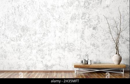 Intérieur moderne de la salle de séjour avec table latérale en bois avec vase avec branche sur mur en béton rendu 3d Banque D'Images