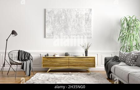 Décoration intérieure moderne de l'appartement scandinave, salon avec canapé gris, panneau latéral et fauteuil noir rendu 3d Banque D'Images