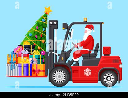 Le Père Noël dans un chariot élévateur rouge chargé de boîtes cadeaux Illustration de Vecteur