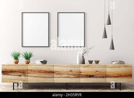Intérieur moderne de la salle de séjour avec commode en bois sur mur blanc avec des affiches mockup, design maison rendu 3d Banque D'Images