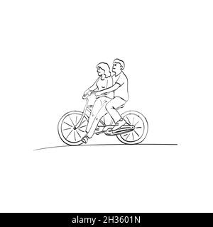 le couple d'art de ligne est à vélo dans le vecteur d'illustration du parc isolé sur fond blanc Illustration de Vecteur