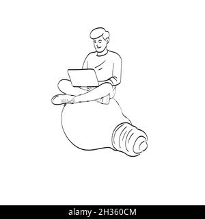 line art homme travaillant sur ordinateur portable assis sur une grande ampoule illustration vecteur isolé sur fond blanc Illustration de Vecteur