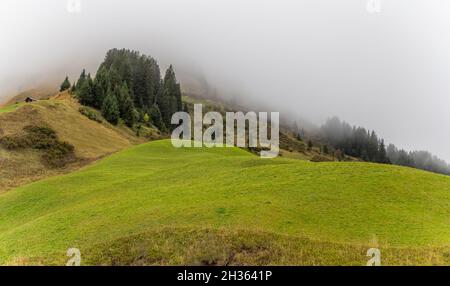 Paysage idyllique et brumeux autour de Warth, une commune dans le quartier de Bregenz dans l'état autrichien du Vorarlberg Banque D'Images