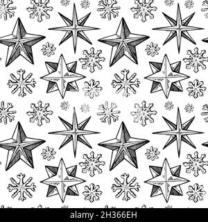 Motif de joyeux nouvel an et de joyeux Noël dessiné à la main avec étoiles et flocons de neige.Illustration vectorielle dans le style d'esquisse Illustration de Vecteur