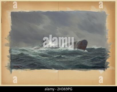 Une peinture vintage vers 1943 d'un sous-marin allemand ou d'un U-boat dans une tempête dans l'océan Atlantique.Peint par Adolf Bock Banque D'Images