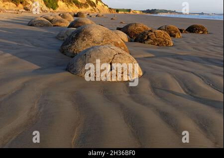 Une ligne de Moeraki Boulders se trouve sur la plage de l'île du Sud de la Nouvelle-Zélande. Banque D'Images