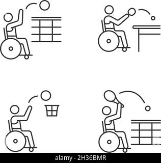 Jeu d'icônes linéaires de sport en fauteuil roulant adaptatif Illustration de Vecteur