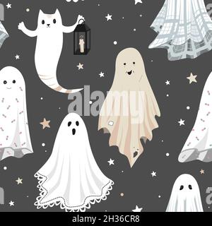 Motif sans couture avec jolis motifs de dessins animés dans une robe de lit vintage.Illustration de la fête d'Halloween Illustration de Vecteur