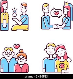 Étapes de relation romantique jeu d'icônes de couleur RVB Illustration de Vecteur