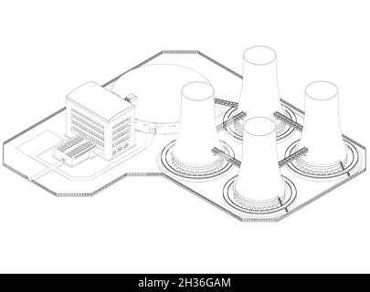 Contour d'une centrale électrique à partir de lignes noires isolées sur un fond blanc.Vue isométrique.Illustration vectorielle Illustration de Vecteur