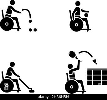 Les icônes de glyphe noir de sport en fauteuil roulant sont placées sur un espace blanc Illustration de Vecteur