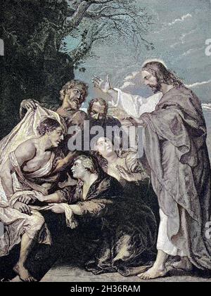 Christ Rating of Lazarus, peinture de Peter Paul Rubens, 28 juin 1577 - 30 mai 1640, il était un artiste flamand / Christus erhebt den Lazarus, Gemaelde von Peter Paul Rubens, 28.Juin 1577 - 30.Mai 1640, er war ein flaemischer Kuenstler, Historisch, historique, numérique amélioration de la reproduction d'un original du 19ème siècle / digitale Reproduktion einer Originalvorlage aus dem 19.Jahrhundert, Koloriert, Kolorierung, koloriert, handkoloriert,Coloration à la main, couleur à la main, couleur Banque D'Images