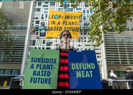 Londres, Royaume-Uni, 26 octobre 2021.Un activiste de la rébellion animale, un groupe frère de la rébellion des extinction (XR), tient des pancartes tandis que ses collègues manifestent en prévision de la prochaine Conférence des Parties des Nations Unies sur les changements climatiques (COP26) qui se tiendra à Glasgow,En montant sur le côté du bâtiment du siège social à Westminster et en déportant une bannière.Credit: Stephen Chung / Alamy Live News Banque D'Images