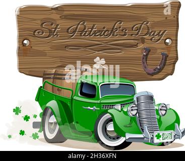 Camion de pick-up de dessin animé rétro Vector avec fûts de bière pour le joyeux motif de fête irlandaise de la Saint Patrick.Lettrage au festival de la bière sur panneau de bois.EP Illustration de Vecteur