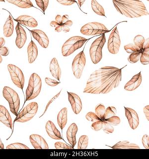 Motif aquarelle sans couture de boho - fleurs tropicales peintes à la main d'orchidée blanche, feuilles de palmier et branches de pampas.Ensemble fleuri romantique parfait pour Banque D'Images