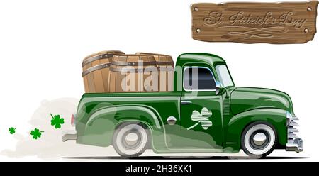 Camion de pick-up de dessin animé rétro Vector avec fûts de bière pour le joyeux motif de fête irlandaise de la Saint Patrick.Lettrage au festival de la bière sur panneau de bois.EP Illustration de Vecteur