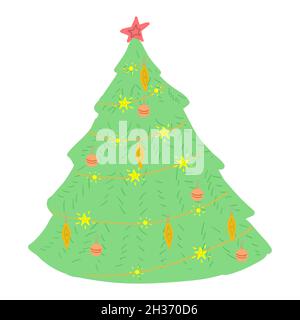 Arbre de Noël illustré à la main avec décoration.Idéal pour les cartes de vœux, les arrière-plans ou les papiers d'emballage simple illustration vectorielle plate Illustration de Vecteur