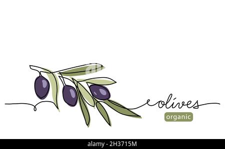 Branche d'olive aux olives noires.Illustration vectorielle simple.Un dessin d'art continu avec des olives biologiques Illustration de Vecteur