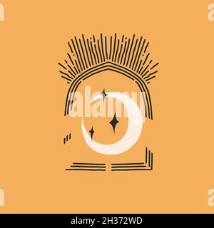 Dessin à la main vecteur résumé stock plat graphique illustration avec élément de logo, astrologie bohème magique minimaliste emblème de la ligne mystique arc portail Illustration de Vecteur
