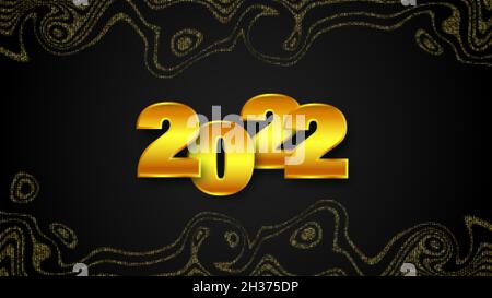 Arrière-plan abstrait festif.Tourbillon de vagues dorées avec des scinques dorées sur fond noir.Bonne année 2022 fond de vagues dorées. Illustration de Vecteur