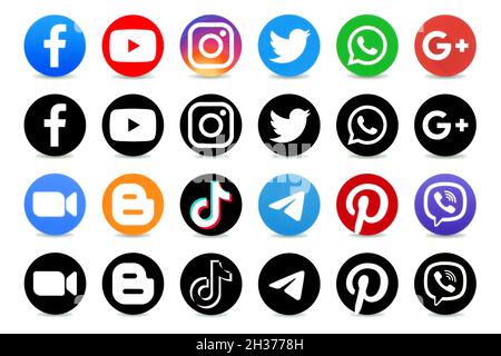 Kiev, Ukraine - 27 septembre 2021: Ensemble de logos d'applications en noir et couleur populaires: Facebook, Instagram, Twitter, Youtube et WhatsApp, imprimé sur PA blanc Banque D'Images