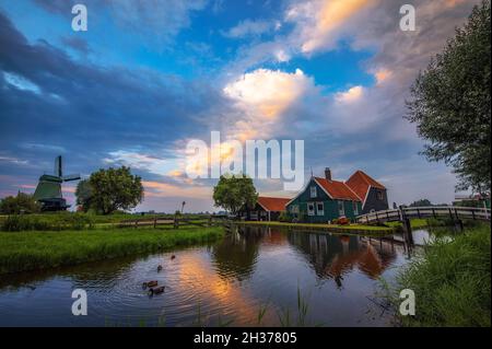 Fermes historiques dans le village hollandais de Zaanse Schans au coucher du soleil Banque D'Images